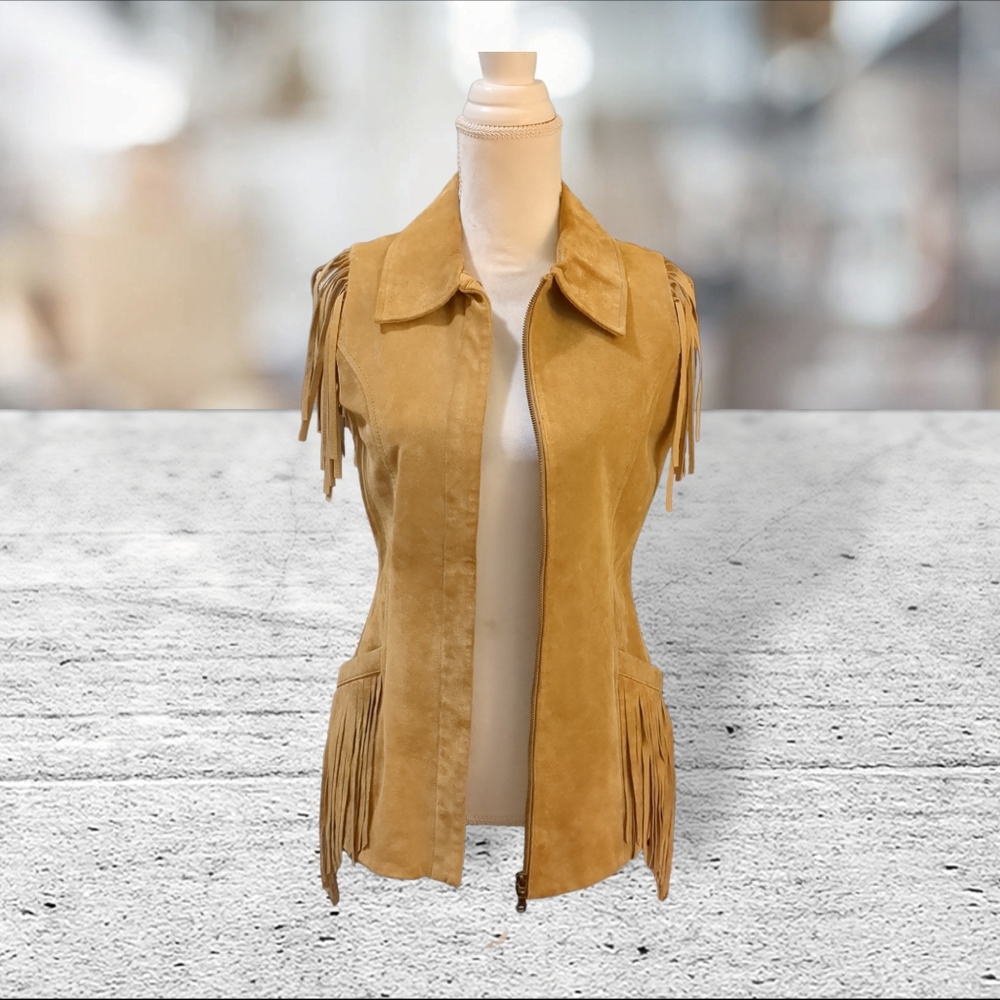 Lew magram 😍vintage😍 suede fringed collared vest size S camel color